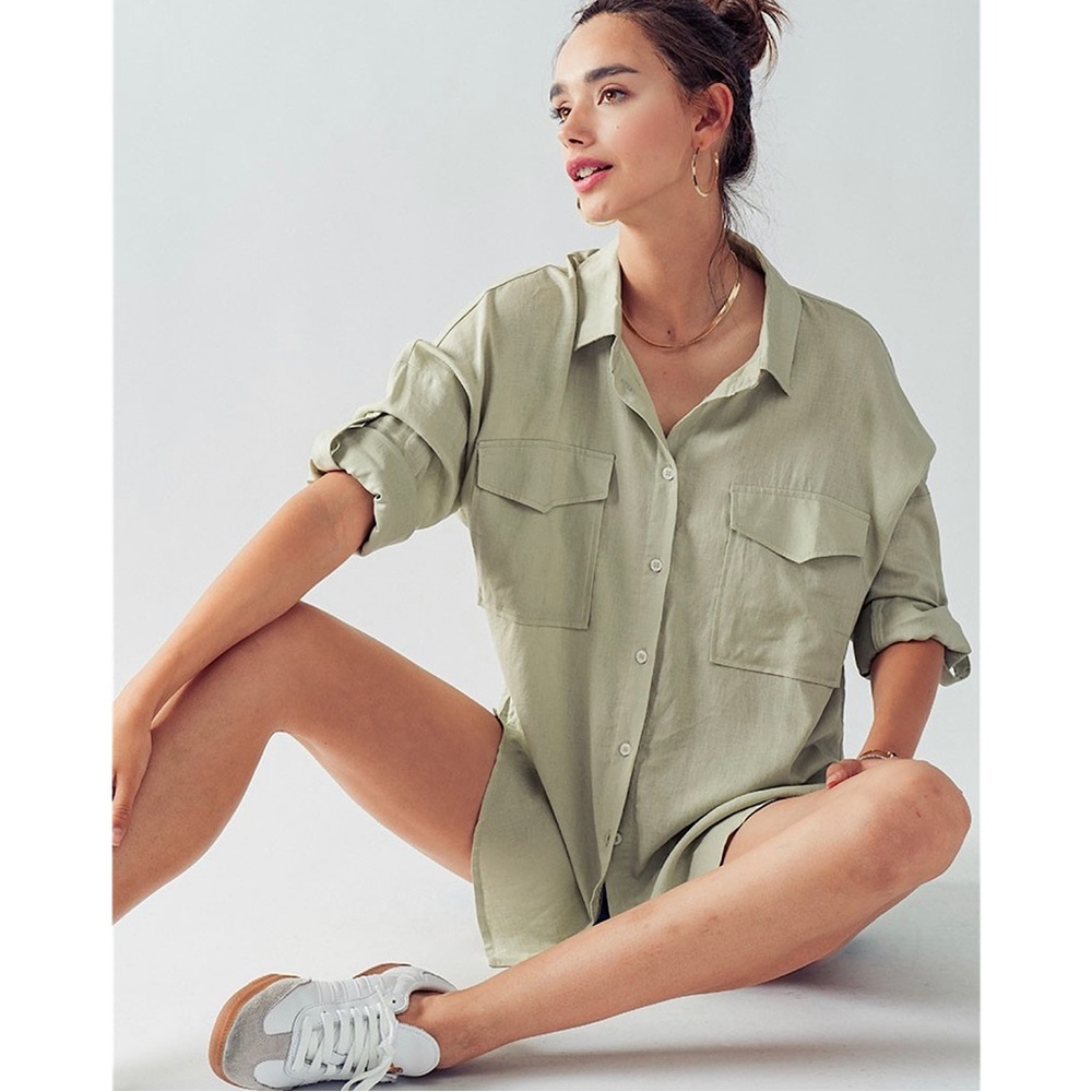 Celery Green Linen Oversized Double Pocket Button Down Shirt